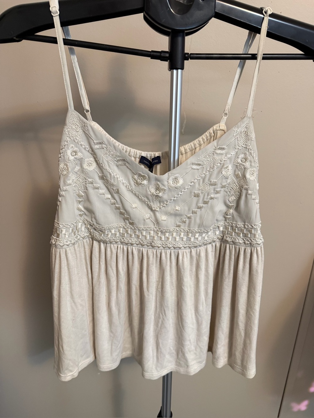 Embroidered Cream Spaghetti-Strap Women's Tank Top by American eagle